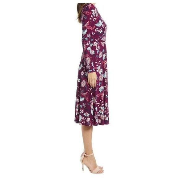 Eliza J Floral Aubergine Long Sleeve Midi Dress Size 4 in Maroon Multicolor NWT - Picture 4 of 8
